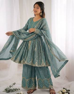 blue silk blend embroidered palazzo set 3
