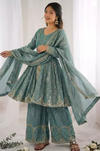 blue silk blend embroidered palazzo set