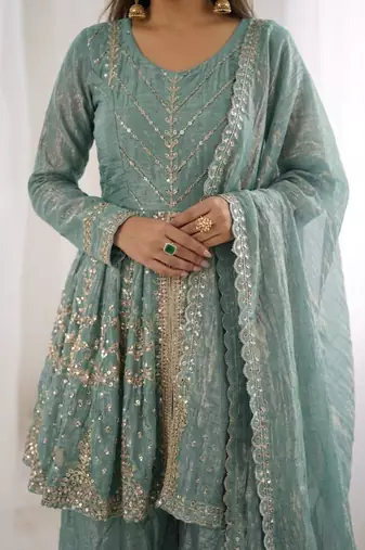 blue silk blend embroidered palazzo set