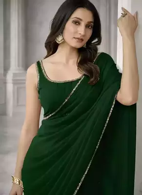Georgette Saree with Designer Blouse & Golden Lace Border     Party Wear & Wedding Collection 2