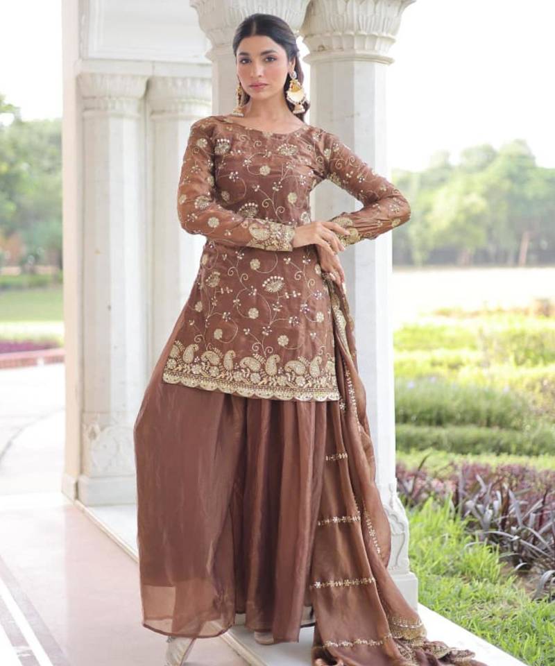 Brown floral embroidered salwar kameez