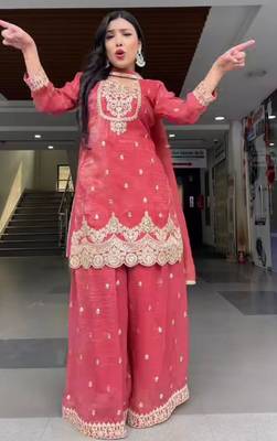 red silk blend embroidered palazzo set 2