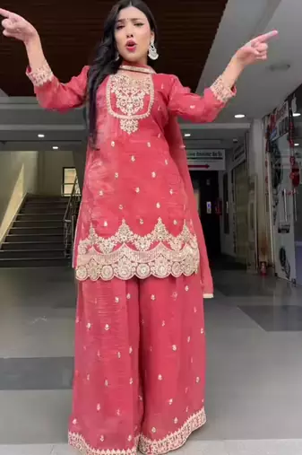 red silk blend embroidered palazzo set