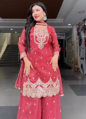 red silk blend embroidered palazzo set 3
