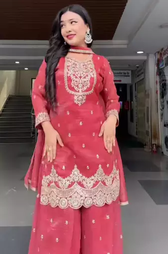 red silk blend embroidered palazzo set