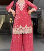 red silk blend embroidered palazzo set