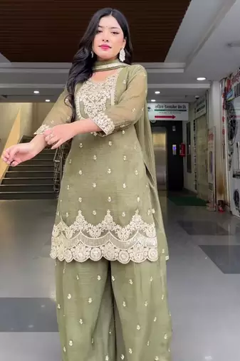 Light olive  embroidered sharara set