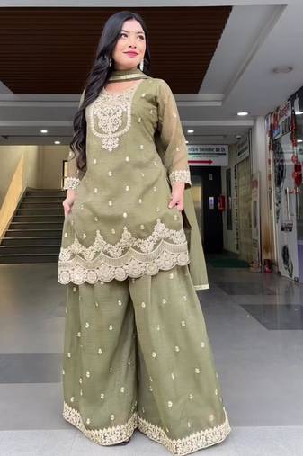 Light olive  embroidered sharara set