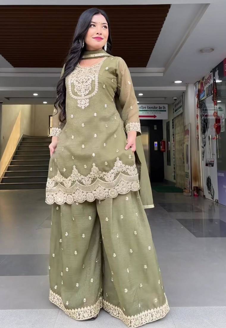 Light olive  embroidered sharara set