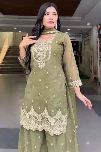Light olive  embroidered sharara set