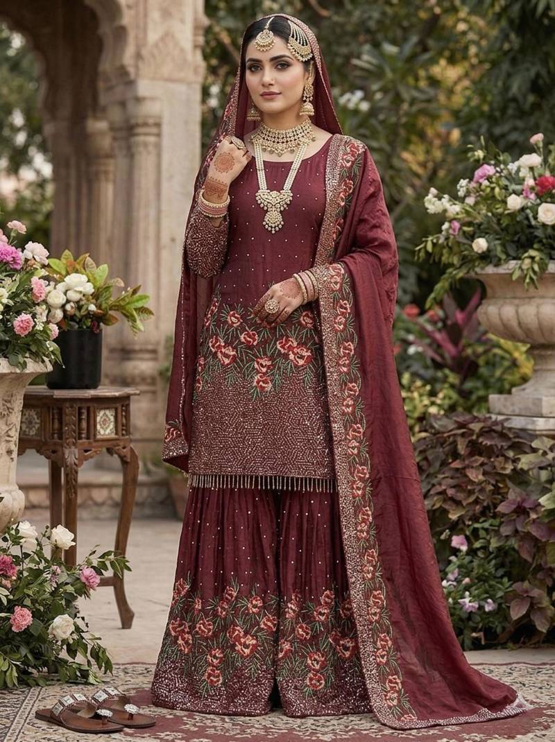 Maroon heavily embellished bridal sharara