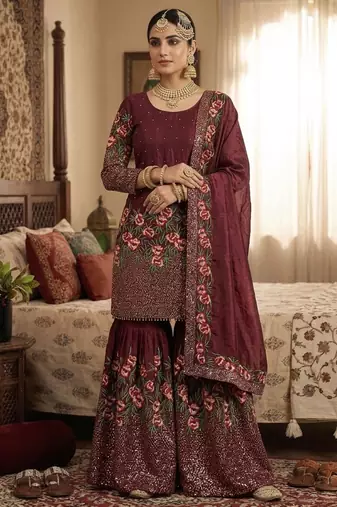 Maroon heavily embellished bridal sharara