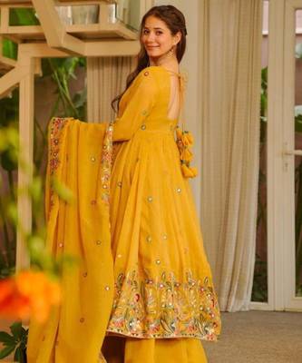Dark yellow embroidered anarkali set 2