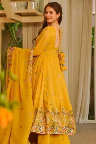 Dark yellow embroidered anarkali set