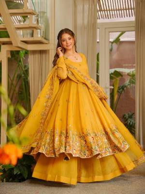 Dark yellow embroidered anarkali set 1