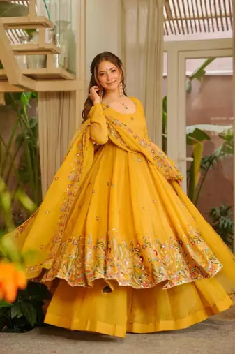 Dark yellow embroidered anarkali set