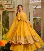 Dark yellow embroidered anarkali set