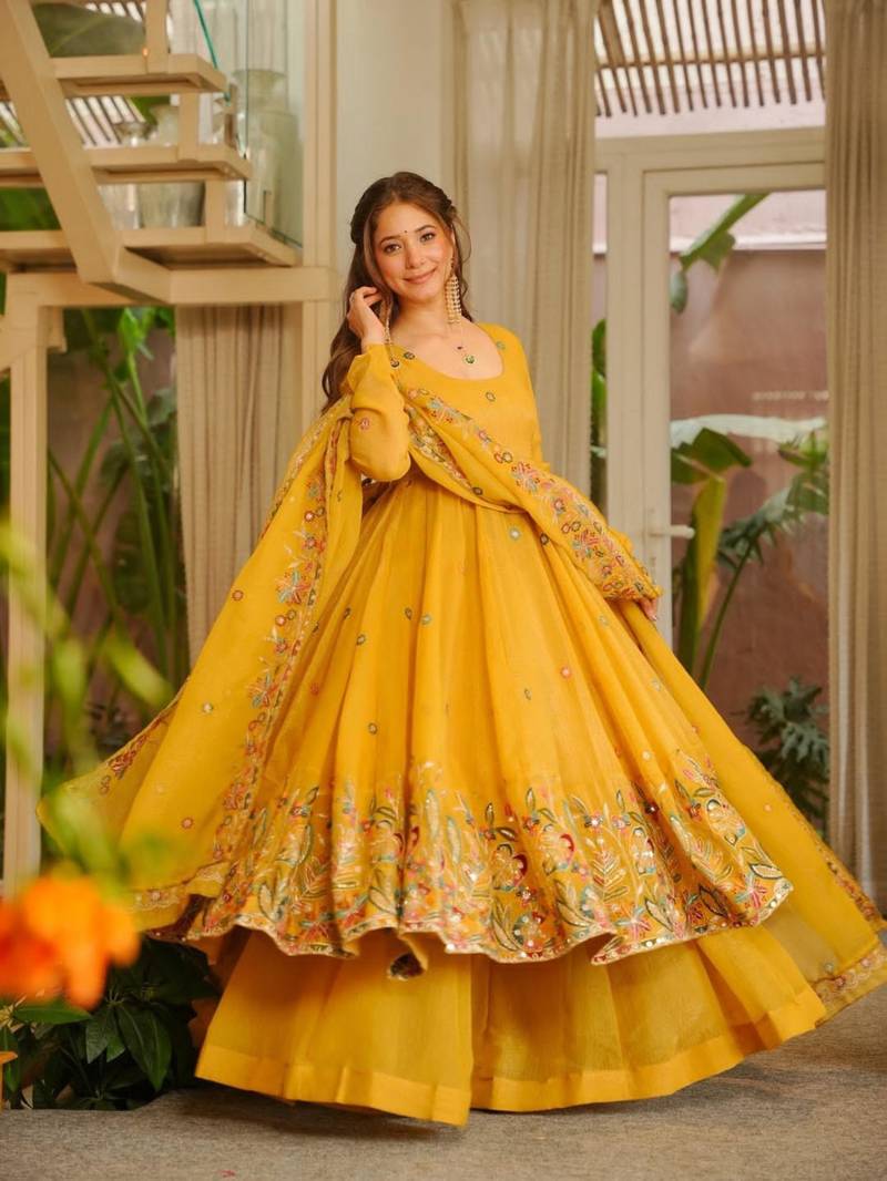 Dark yellow embroidered anarkali set