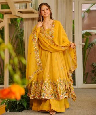 Dark yellow embroidered anarkali set 3