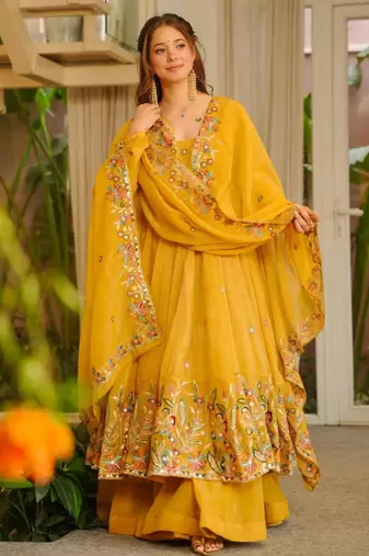 Dark yellow embroidered anarkali set