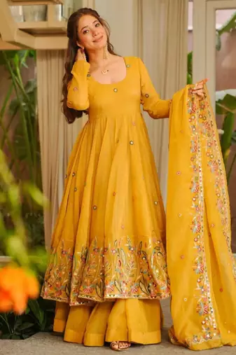 Dark yellow embroidered anarkali set