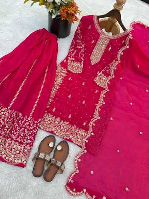 Rani pink heavily embroidered silk blend sharara set 2