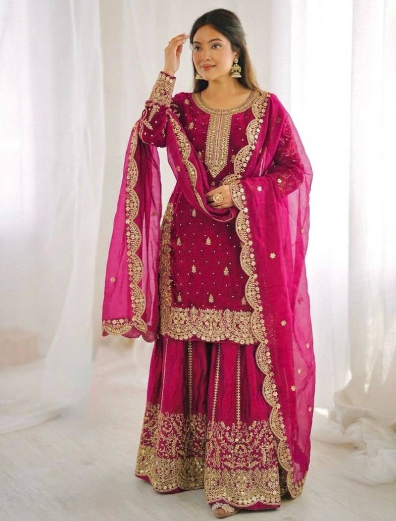 Rani pink heavily embroidered silk blend sharara set