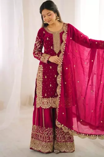 Rani pink heavily embroidered silk blend sharara set