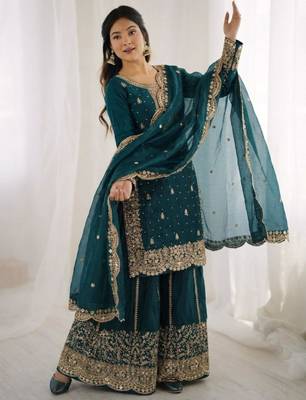 dark green silk blend embroidered sharara set 1