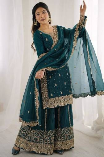 dark green silk blend embroidered sharara set