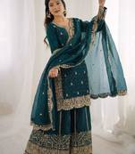 dark green silk blend embroidered sharara set