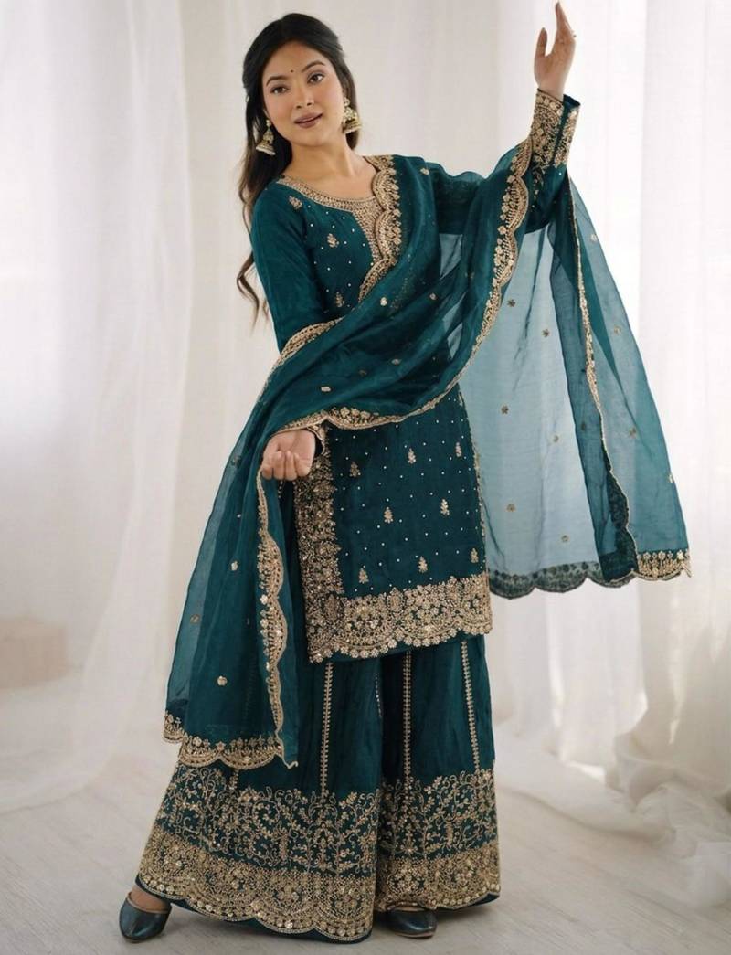 Dark green embroidered silk blend sharara suit