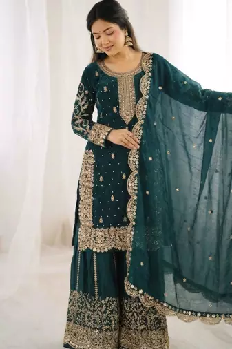 dark green silk blend embroidered sharara set