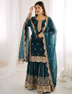 dark green silk blend embroidered sharara set 3