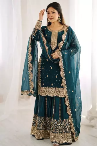 dark green silk blend embroidered sharara set