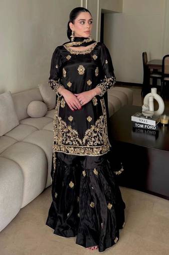 Black embroidered suit (flatlay)