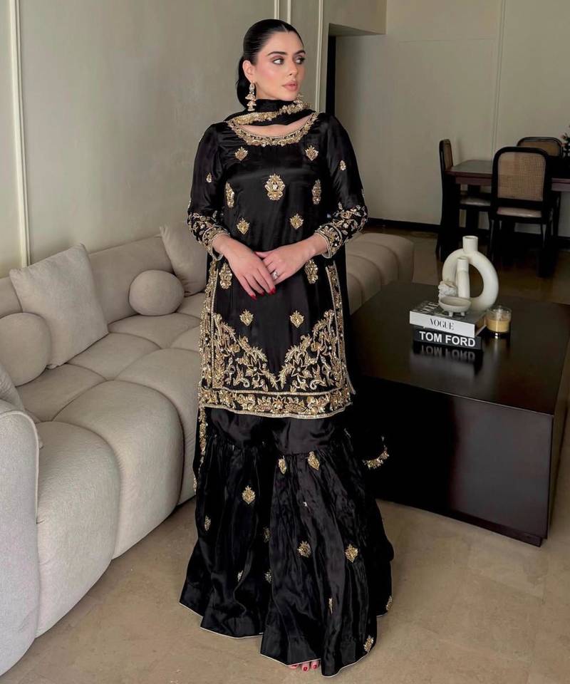 Black embroidered suit (flatlay)