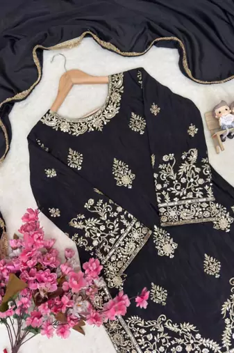 black silk blend embroidered sharara set
