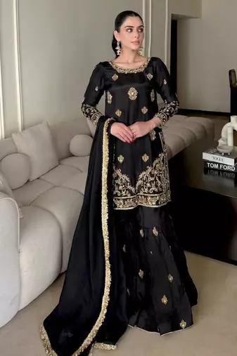 black silk blend embroidered sharara set