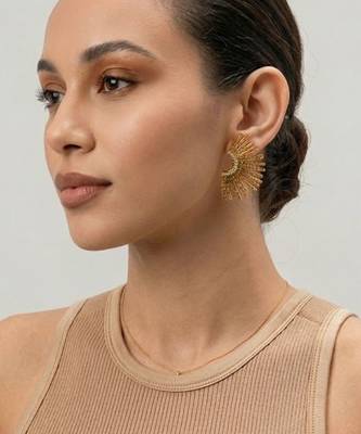 Retro Sun Rhinestone Earrings | White Stone Gold Plated Anti-Tarnish Statement Studs 5