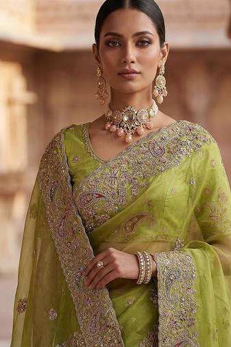 Light Parrot Green Color Patch Embroidered,Dori,Multi Thread And Zari With Sequins And Zircon Diamond Work Silk Saree