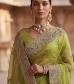 Light Parrot Green Color Patch Embroidered,Dori,Multi Thread And Zari With Sequins And Zircon Diamond Work Silk Saree