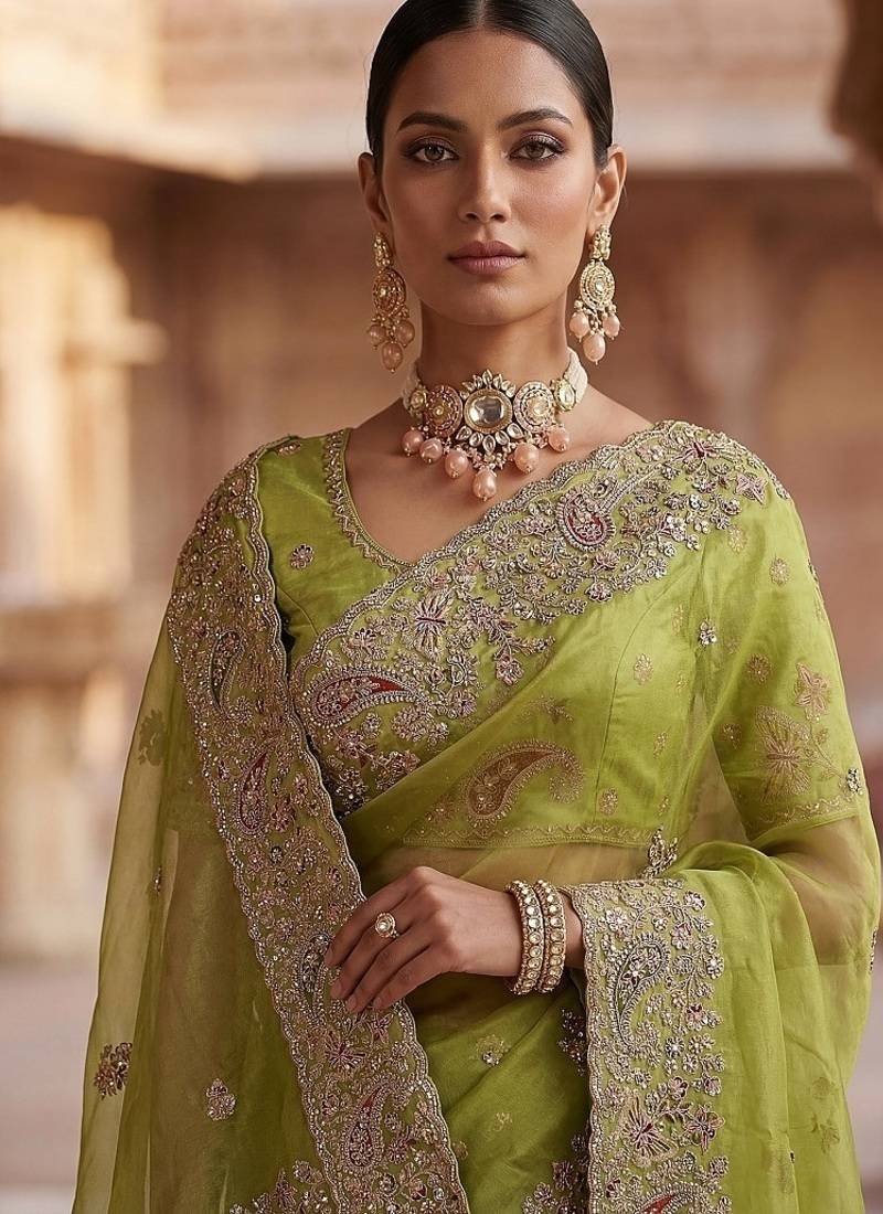 Light Parrot Green Color Patch Embroidered,Dori,Multi Thread And Zari With Sequins And Zircon Diamond Work Silk Saree