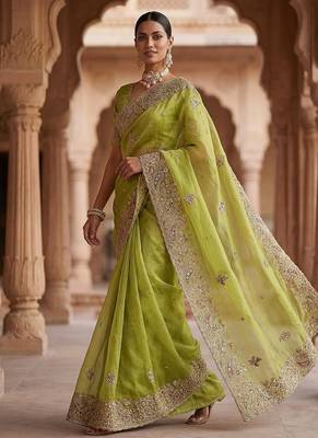Light Parrot Green Color Patch Embroidered,Dori,Multi Thread And Zari With Sequins And Zircon Diamond Work Silk Saree 2