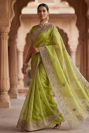 Light Parrot Green Color Patch Embroidered,Dori,Multi Thread And Zari With Sequins And Zircon Diamond Work Silk Saree