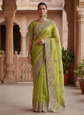 Light Parrot Green Color Patch Embroidered,Dori,Multi Thread And Zari With Sequins And Zircon Diamond Work Silk Saree 3