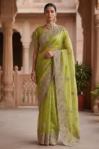 Light Parrot Green Color Patch Embroidered,Dori,Multi Thread And Zari With Sequins And Zircon Diamond Work Silk Saree