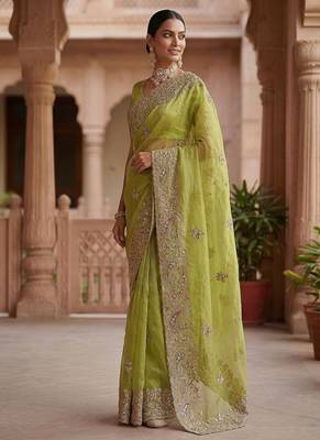 Light Parrot Green Color Patch Embroidered,Dori,Multi Thread And Zari With Sequins And Zircon Diamond Work Silk Saree 4