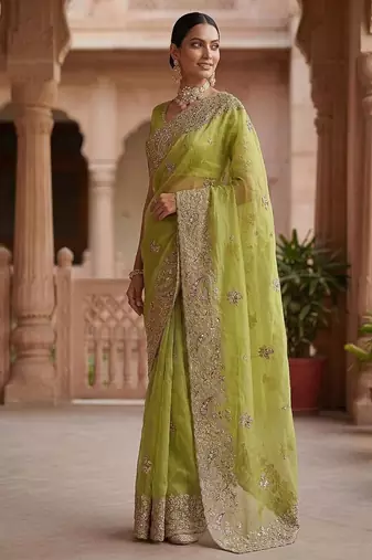 Light Parrot Green Color Patch Embroidered,Dori,Multi Thread And Zari With Sequins And Zircon Diamond Work Silk Saree