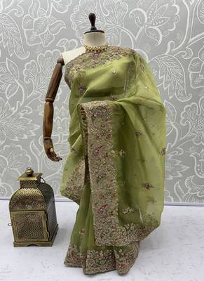 Light Parrot Green Color Patch Embroidered,Dori,Multi Thread And Zari With Sequins And Zircon Diamond Work Silk Saree 5